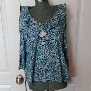 Jones New York Teal and Navy Paisley Ruffle-Neck Blouse